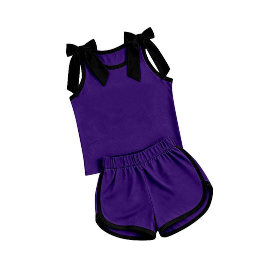 Baby Girls Purple Black Bows Sleeveless Top Short Clothes Sets Preorder
