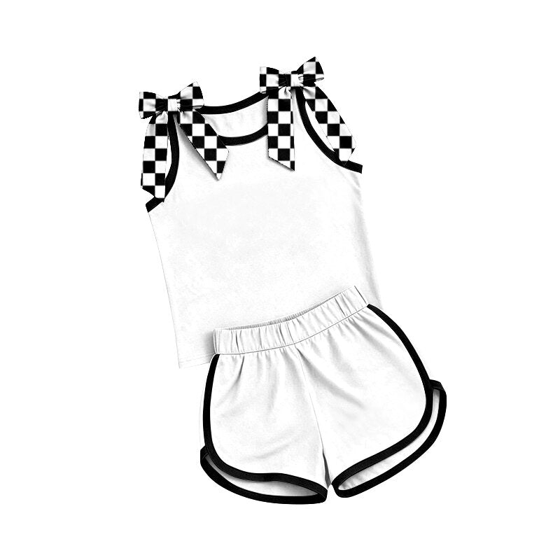 Preorder moq 5 Baby Girls White Black Bows Sleeveless Top Short Clothes Sets