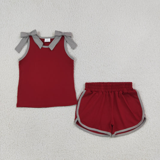 Baby Girls Grey Bows Maroon Sleeveless Top Short Clothes Sets