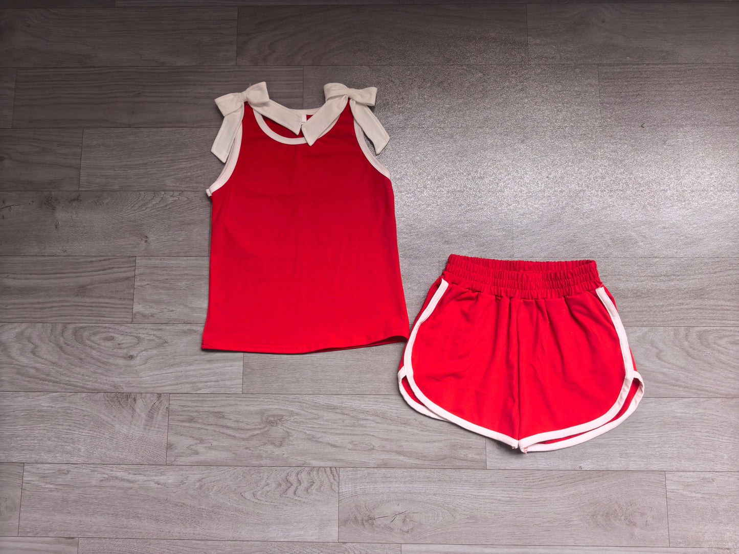Baby Girls Red White Bows Sleeveless Top Short Clothes Sets Preorder