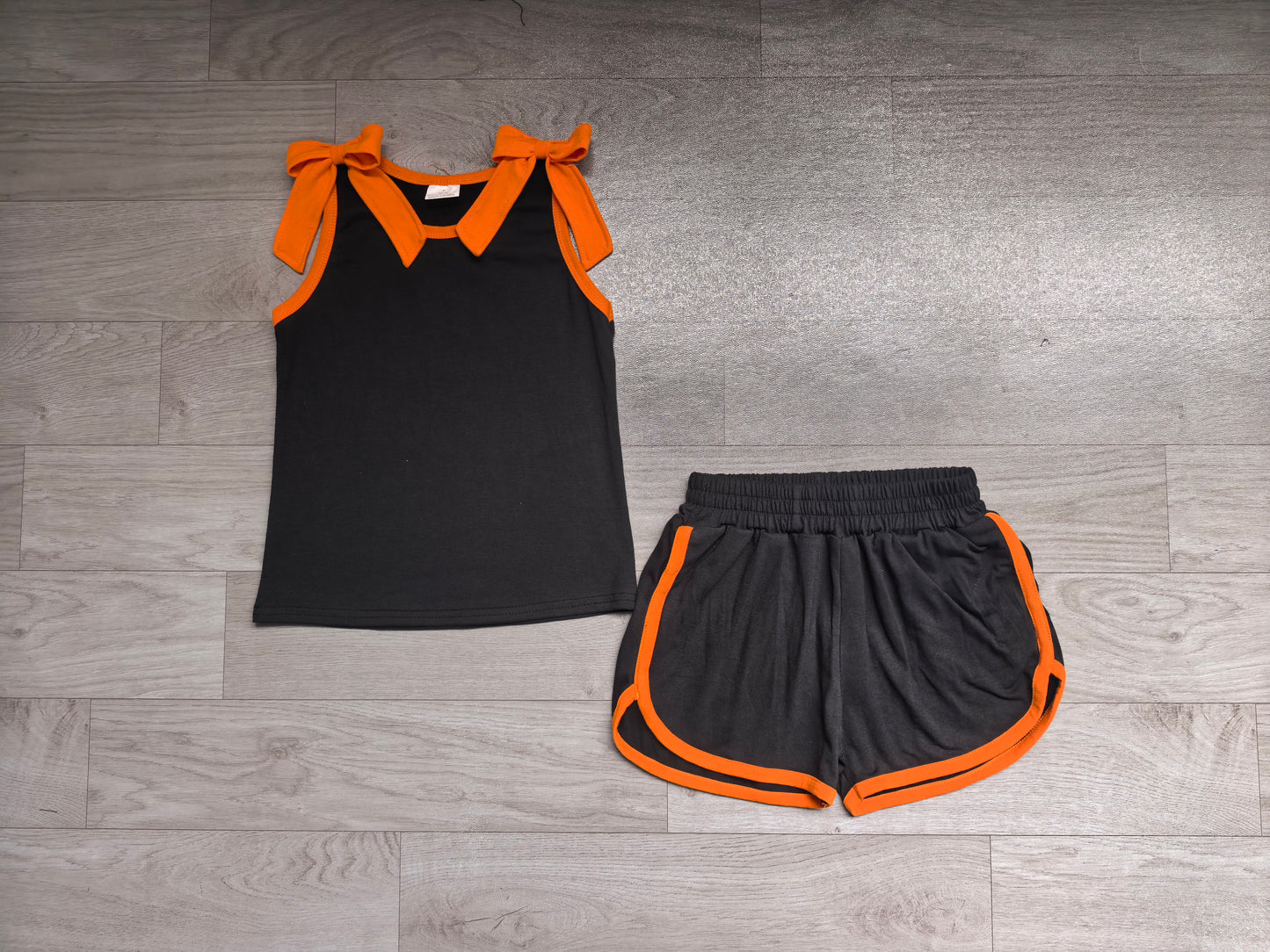 Baby Girls Black Orange Bows Sleeveless Top Short Clothes Sets Preorder