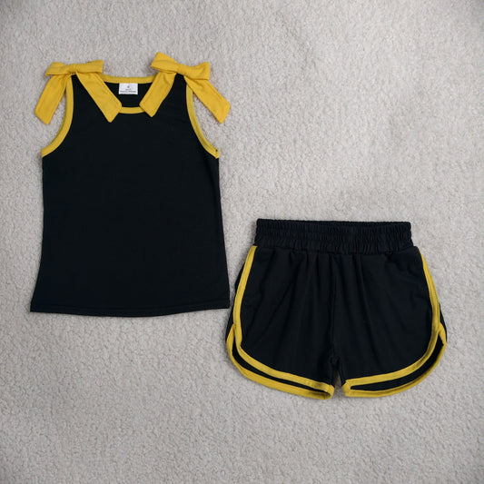 Baby Girls Black Gold Bows Sleeveless Top Short Clothes Sets