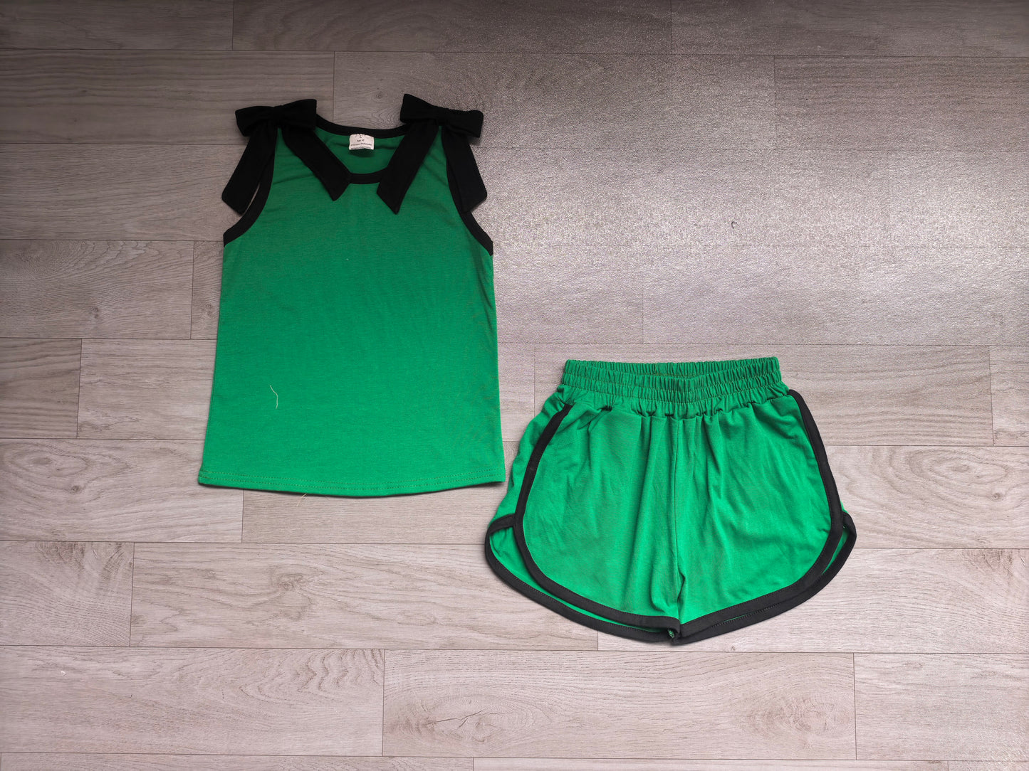 Baby Girls Green Black Bows Sleeveless Top Short Clothes Sets Preorder