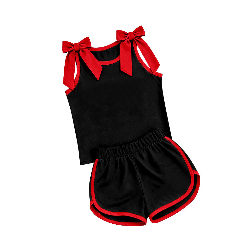 Preorder moq 5 Baby Girls Black Red Bows Sleeveless Top Short Clothes Sets