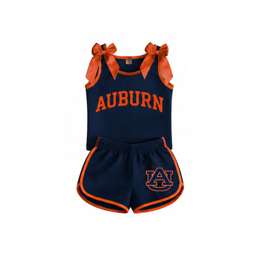 Baby Girls Orange Bows Navy Vinyl AUBURN Top Short Team Clothes Sets Preorder