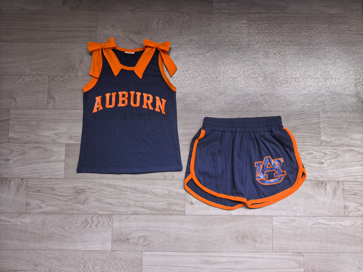 Baby Girls Orange Bows Navy Vinyl AUBURN Top Short Team Clothes Sets