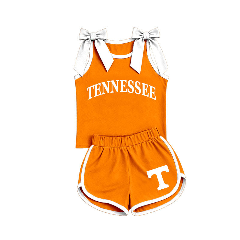 Preorder moq 5 Baby Girls Orange White Bows Sleeveless Top Short T Team Clothes Sets
