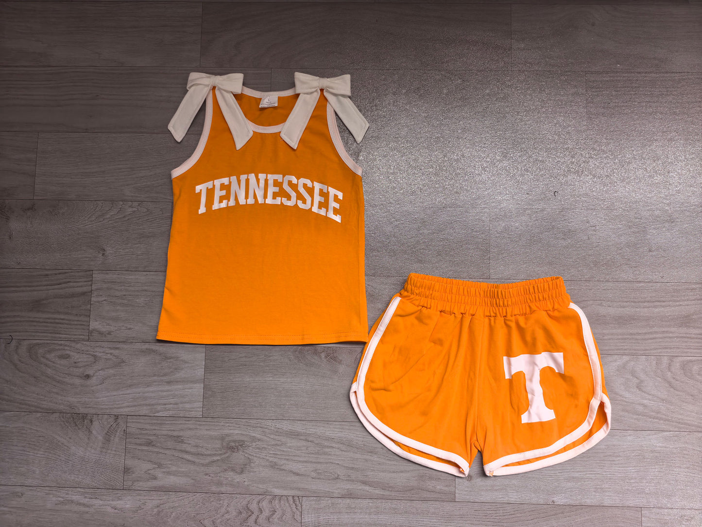 Baby Girls Orange White Bows Vinyl Tennessee Top Short Team Clothes Sets