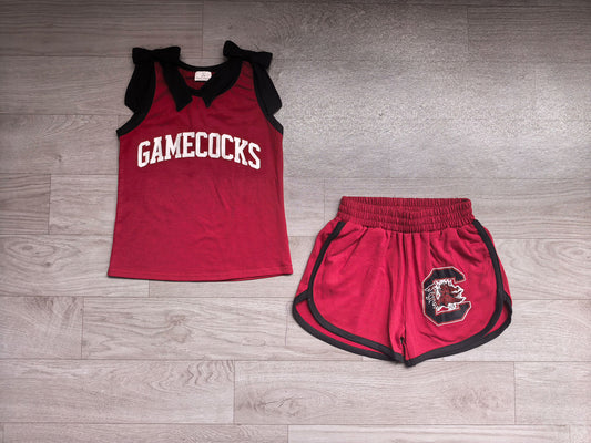 Baby Girls Black Bows Maroon Vinyl Gamecock Top Short Team Clothes Sets