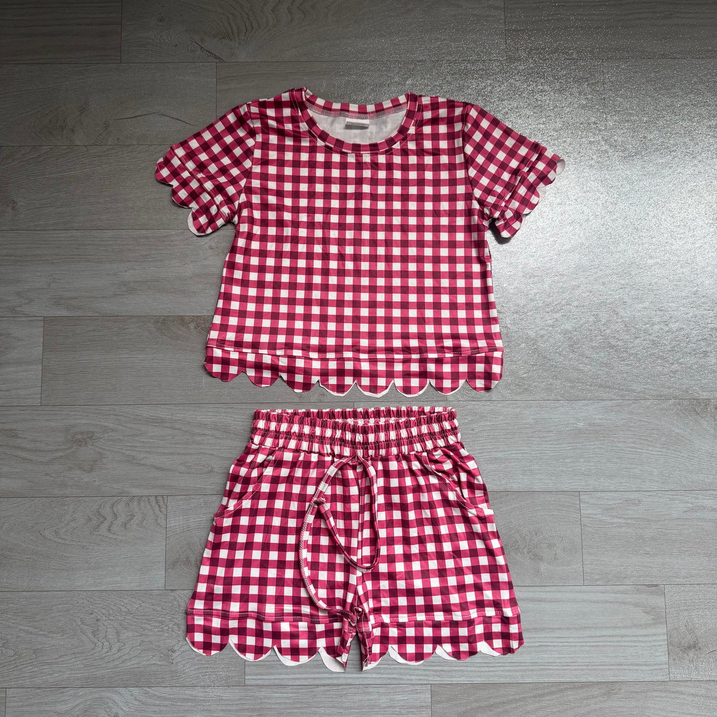 Baby Girls Red Checked Shirt Top Pockets Short Scallop Clothes Set