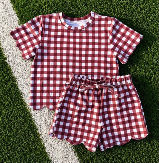 Baby Girls Maroon Checked Shirt Top Short Scallop Clothes Set Preorder