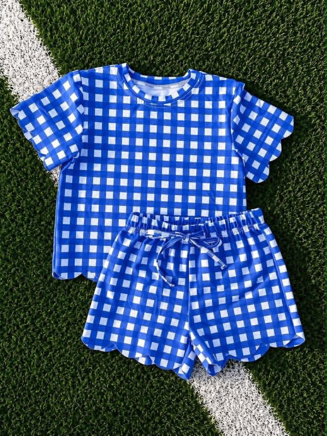 Preorder moq 5 Baby Girls Blue Checked Shirt Top Short Scallop Clothes Set