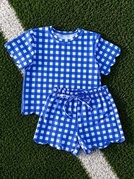 Baby Girls Blue Checked Shirt Top Short Scallop Clothes Set Preorder