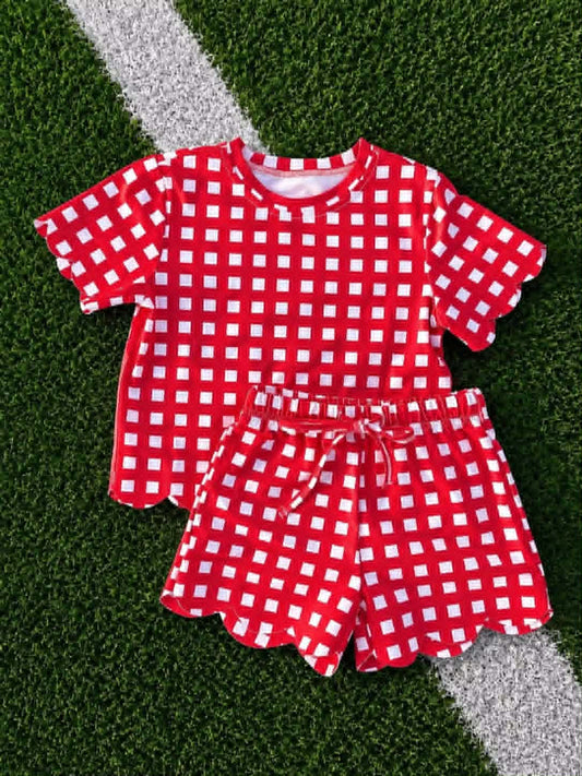 Baby Girls Red Checked Shirt Top Short Scallop Clothes Set Preorder