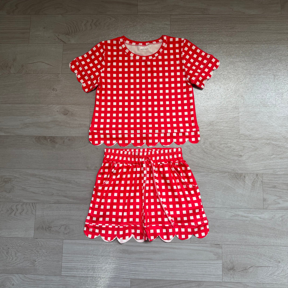 Baby Girls Red Checked Shirt Top Pockets Short Scallop Clothes Set