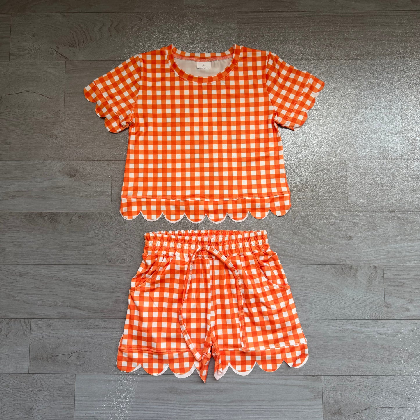 Baby Girls Orange Checked Shirt Top Pockets Short Scallop Clothes Set