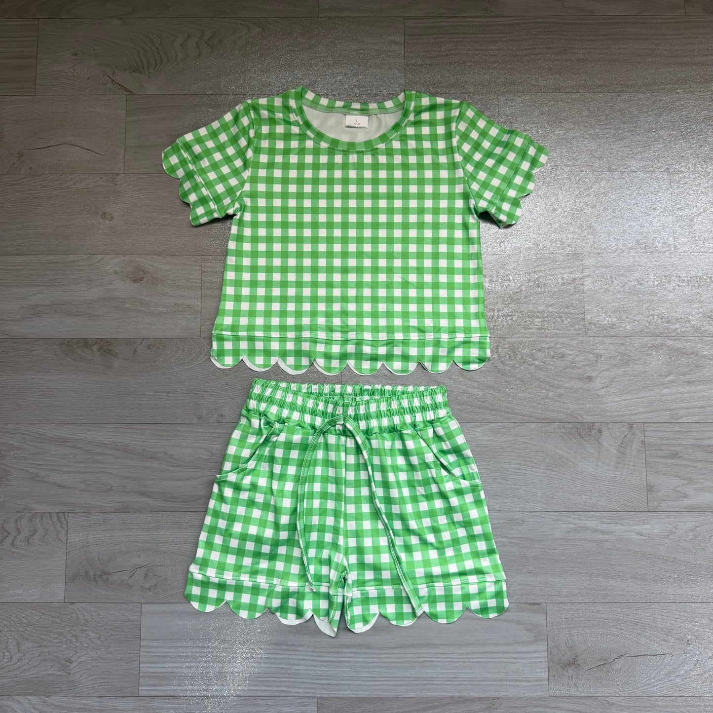 Baby Girls Green Checked Shirt Top Pockets Short Scallop Clothes Set