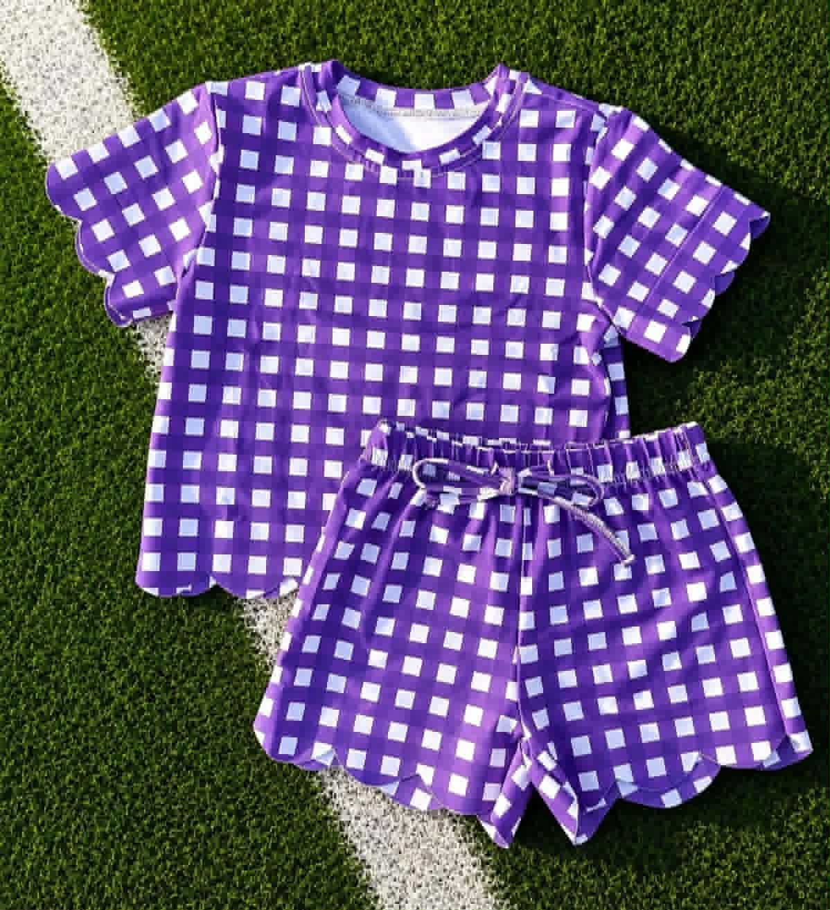 Preorder moq 5 Baby Girls Purple Checked Shirt Top Short Scallop Clothes Set