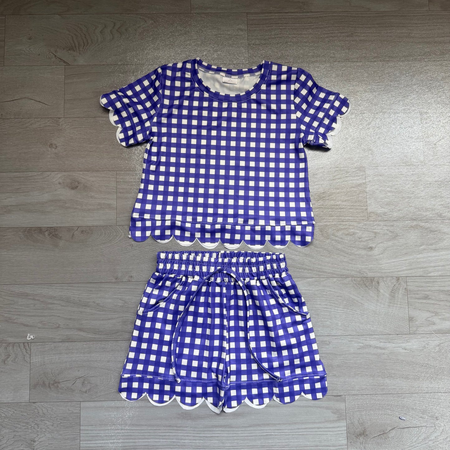 Baby Girls Purple Checked Top Pockets Short Scallop Clothes Set