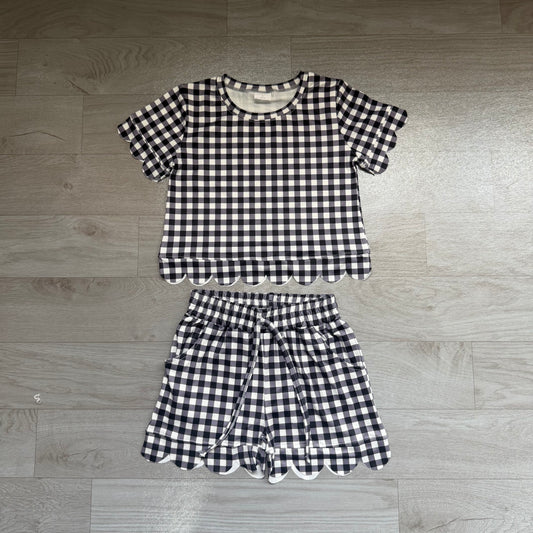 Baby Girls Black Checked Shirt Top Pockets Short Scallop Clothes Set