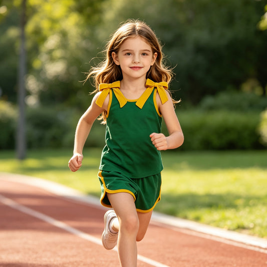 Baby Girls Green Gold Bows Sleeveless Vest Top Short Clothes Set