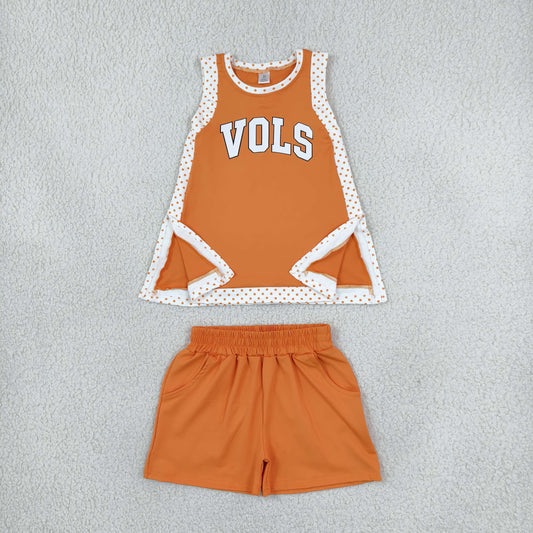 Baby Girls Orange Polka Dots Vinyl Vols Split Tunic Pockets Short Yoga Active Team Clothes Sets