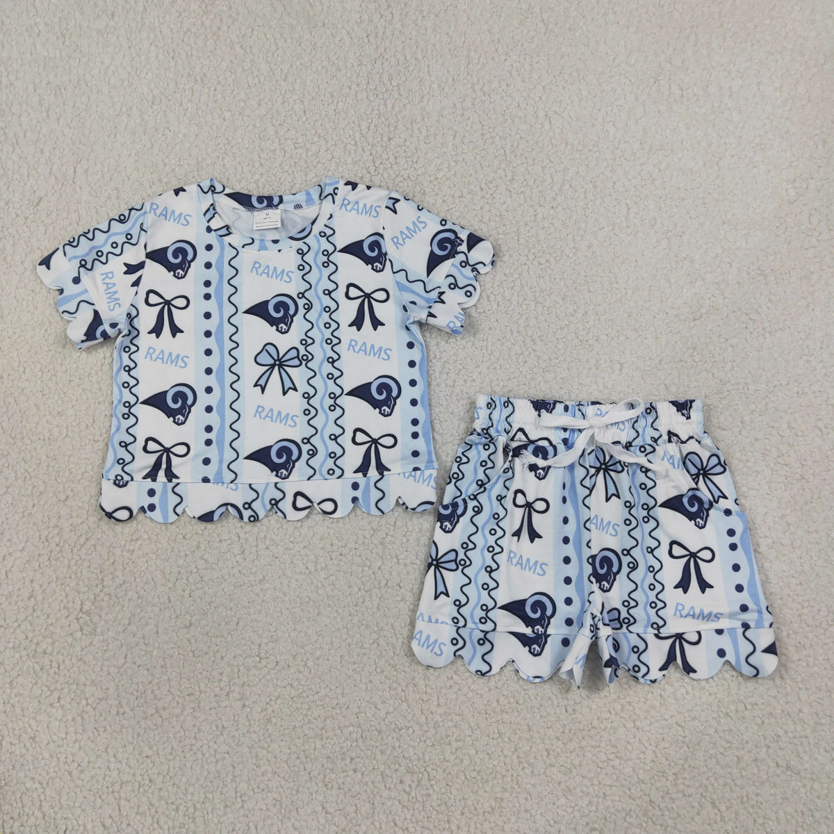 Sibling Baby Girls Short Sleeve Team Bows Stripe Top Pockets Short Scallop Clothes Set