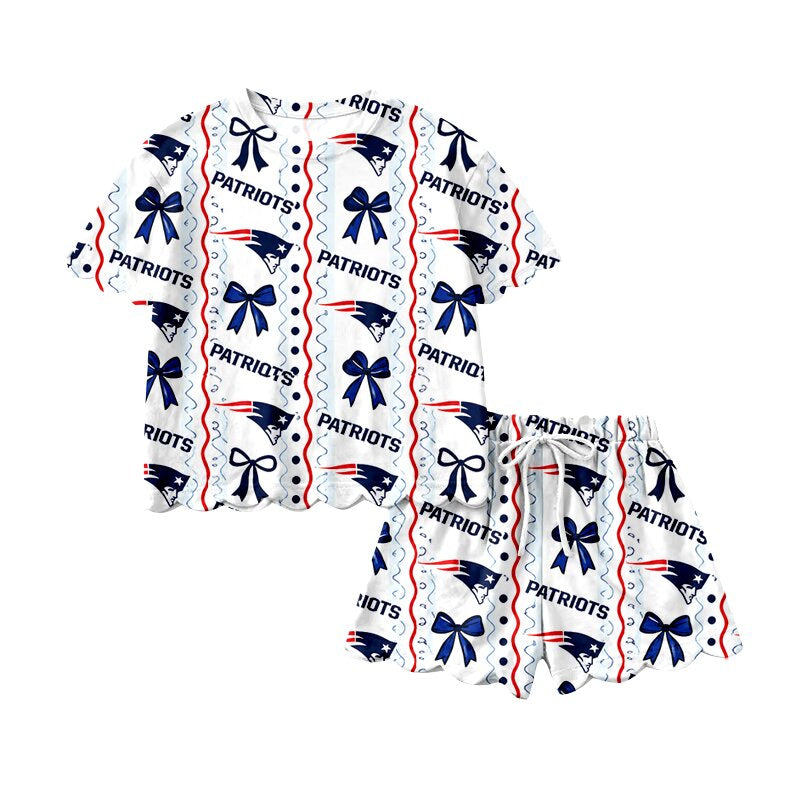 Preorder moq 5 Baby Girls Patriots Bows Stripe Top Short Team Scallop Clothes Sets