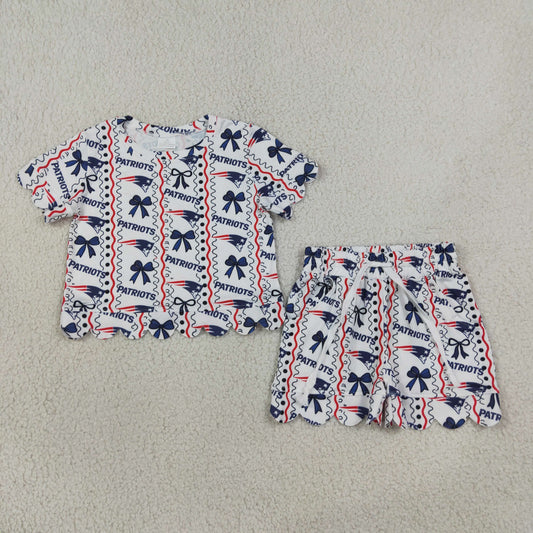 Sibling Baby Girls Short Sleeve Team Bows Stripe Top Pockets Short Scallop Clothes Set
