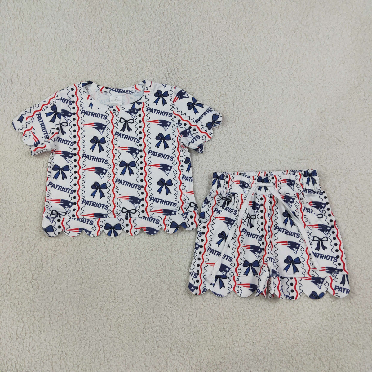 Baby Girls Patriots Bows Stripe Top Pockets Short Team Scallop Clothes Sets
