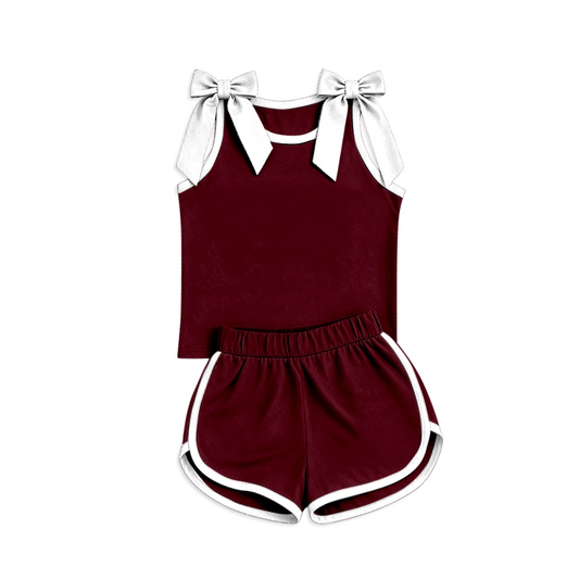 Baby Girls Maroon White Bows Sleeveless Vest Top Short Clothes Sets Preorder