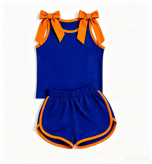 Baby Girls Hot Blue Orange Bows Sleeveless Vest Short Clothes Sets Preorder