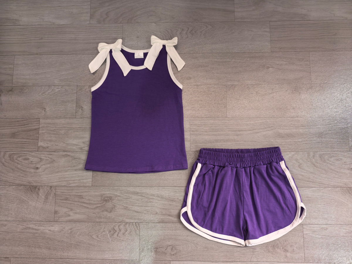 Baby Girls Purple White Bows Sleeveless Vests Pockets Short Clothes Sets