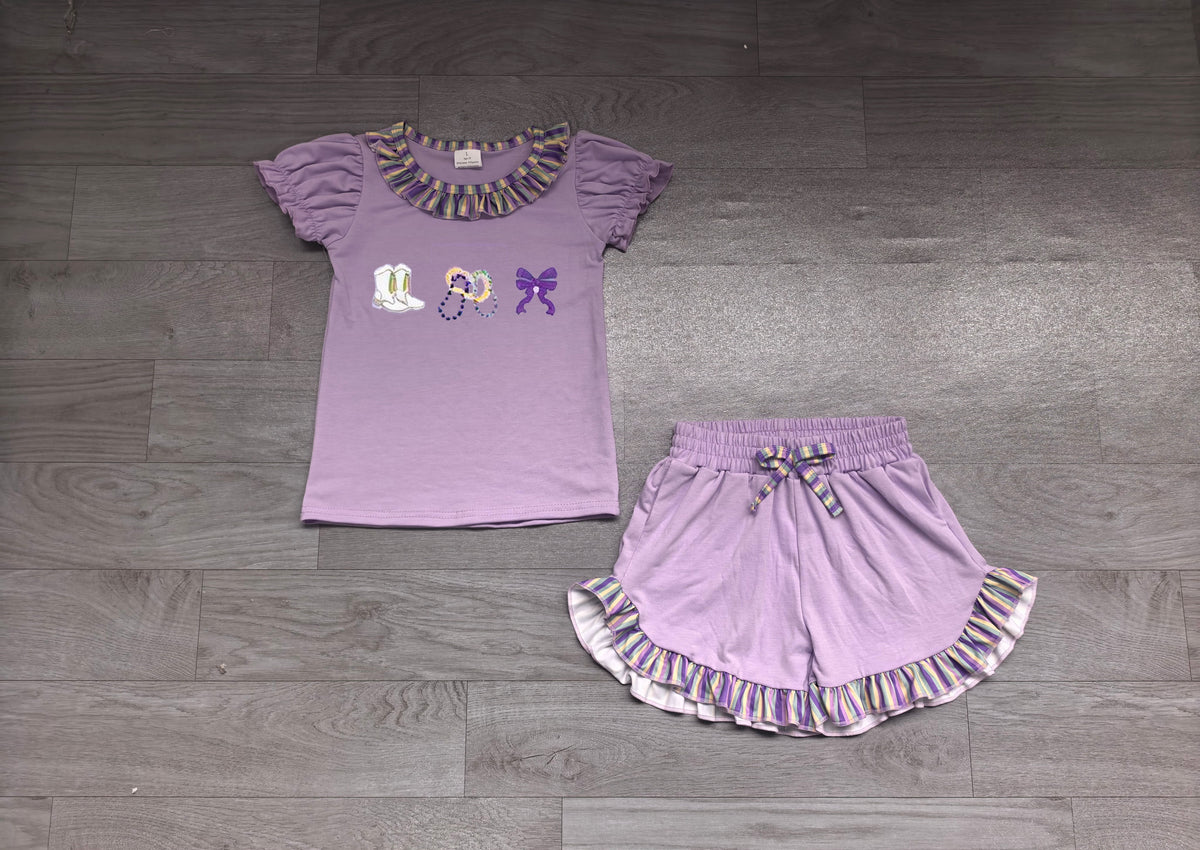 Embroidery Boots Bows Baby Girls Mardigras Top Ruffle Short Clothes Set Preorder
