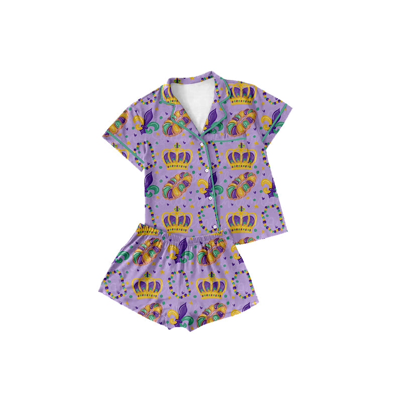Baby Girls Crowns Donuts Button Pocket Top Short Mardigras Pajamas Set Preorder