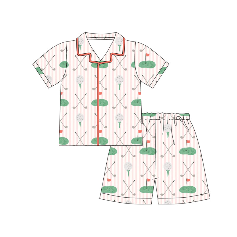 Preorder moq 5 Baby Girls Pink Stripes Golf Buttons Shirt Shorts Pajamas Outfits Sets