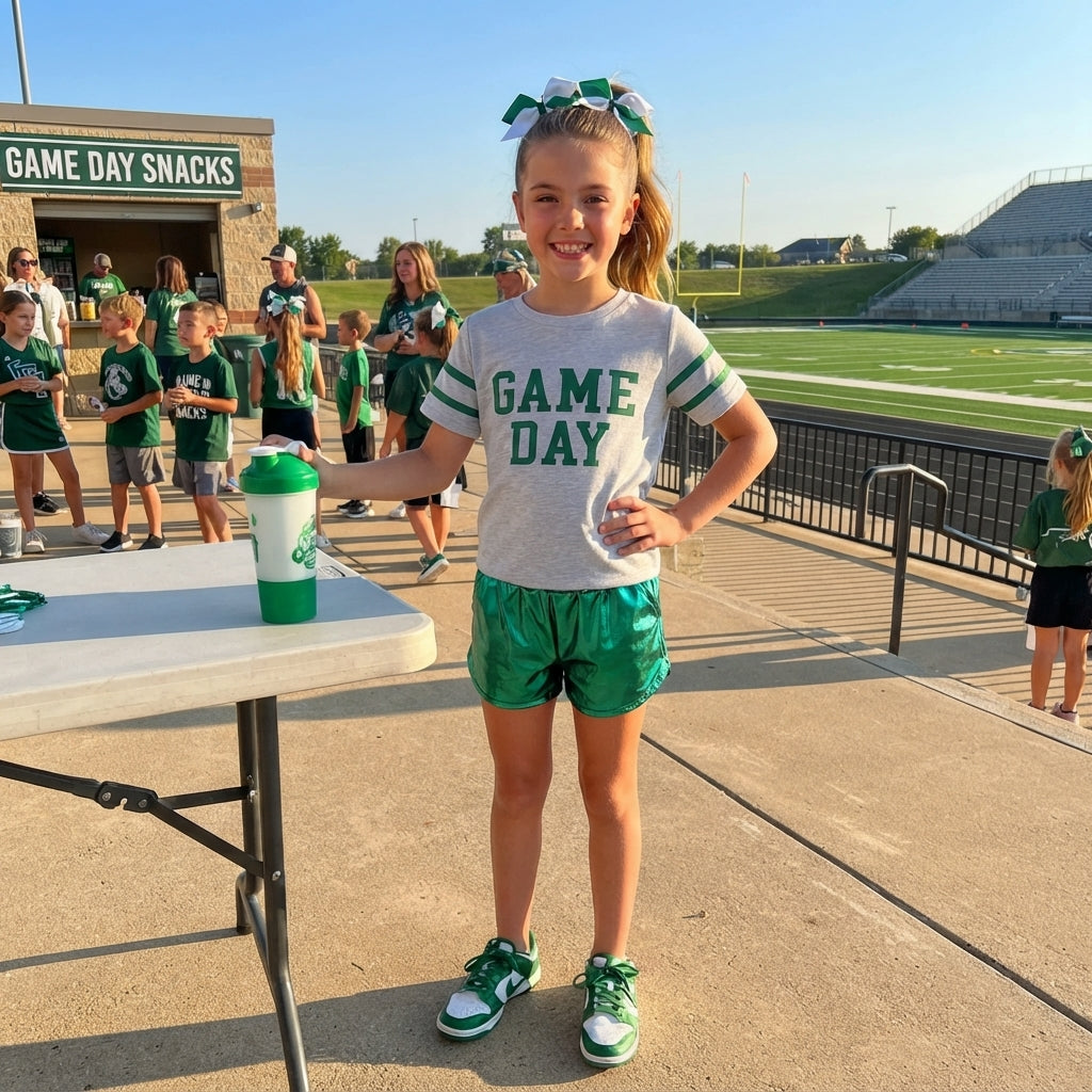 Baby Girls Green Vinyl Game Day Yoga Active Shirt Top Leather Shorts Team Clothes Set