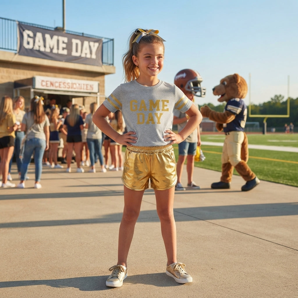 Baby Girls Yellow Vinyl Game Day Yoga Active Shirt Top Leather Shorts Team Clothes Set