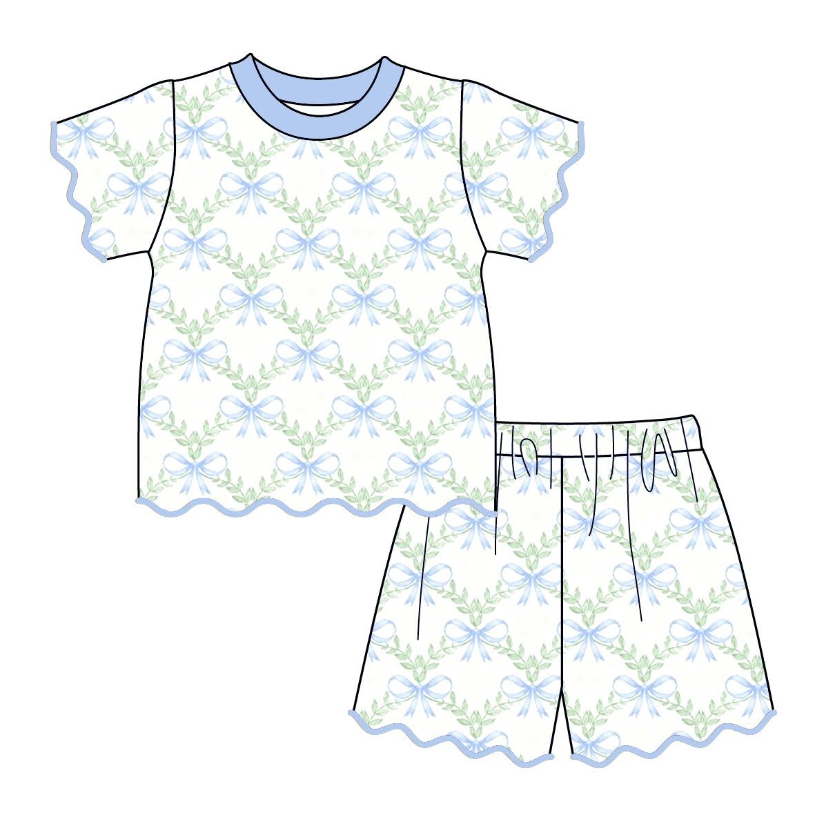 Preorder moq 5 Baby Girls Blue Bows Flowers Top Short Scallop Clothes Set