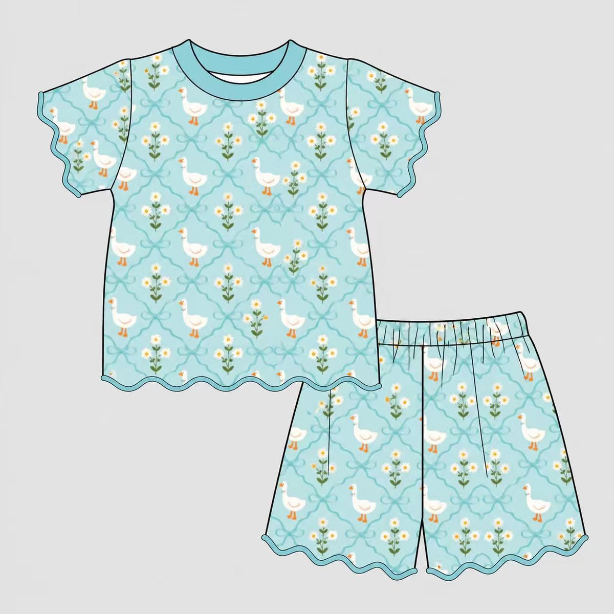 Preorder moq 5 Baby Girls Blue Bows Flowers Gooses Top Short Scallop Clothes Set