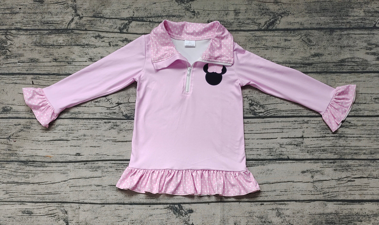 Baby Girls Pink Cartoon Bow Zip Long Sleeve Tee Shirts Tops