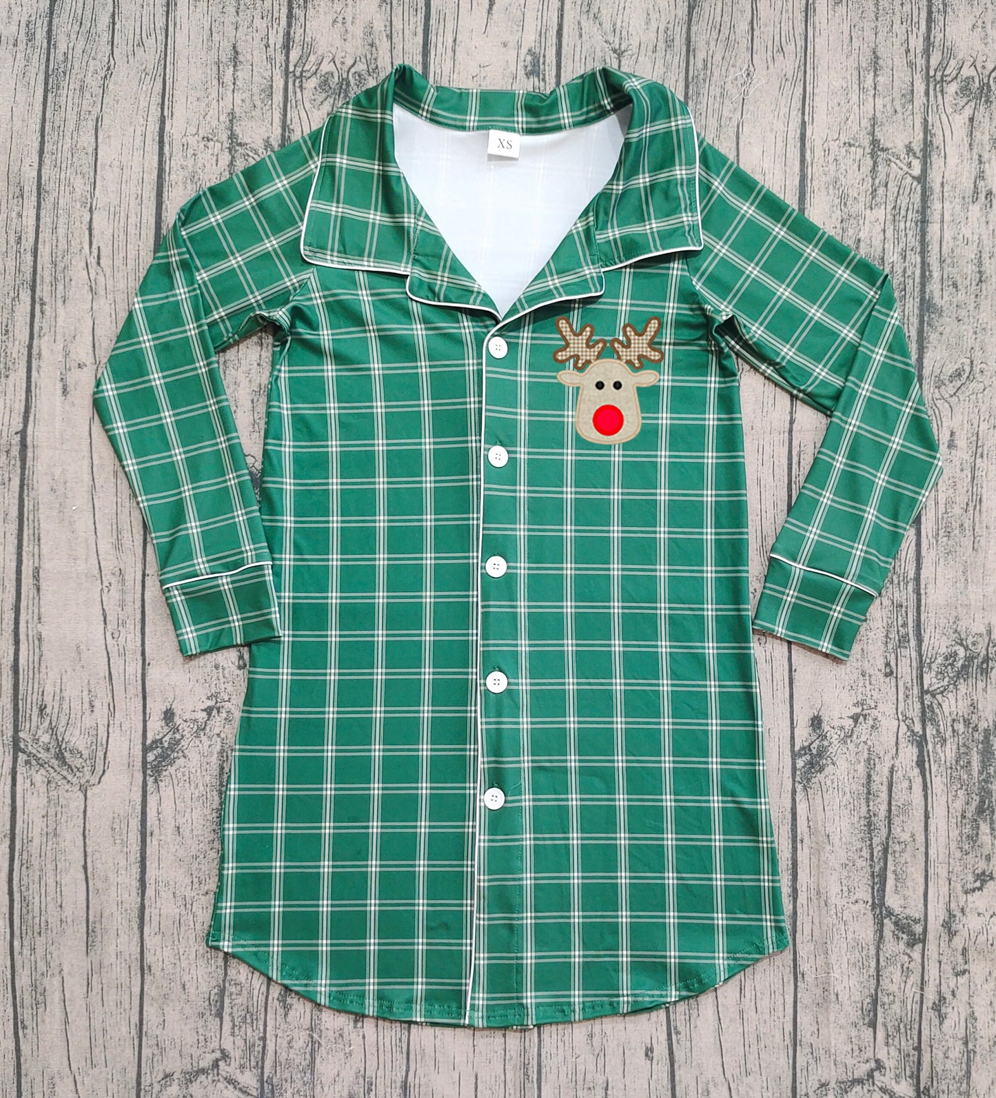 Embroidery Deer Adult Women Green Checked Christmas Tops Sleep Wears