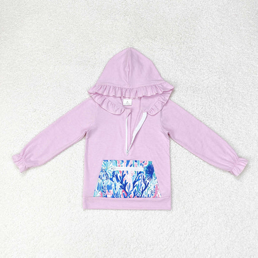 Baby Girls Lavender Ruffle Hooded Sea Weed Pocket Long Sleeve Tops