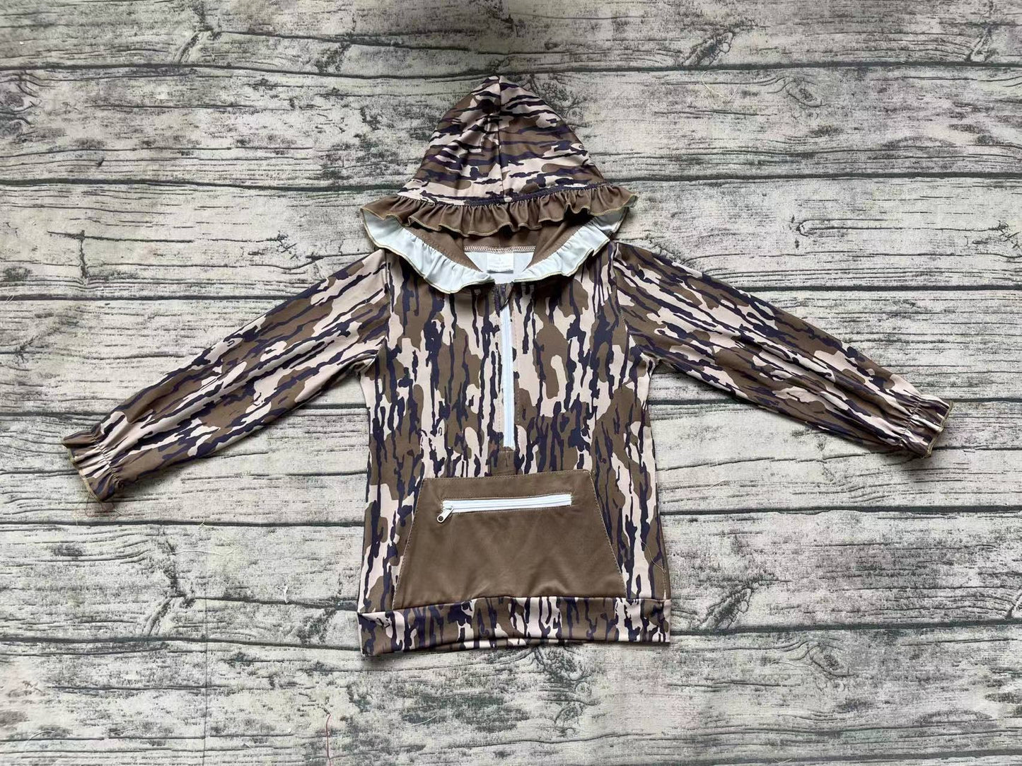 Baby Girls Green Camo Ruffle Hooded Zip Fall Pullovers Tops