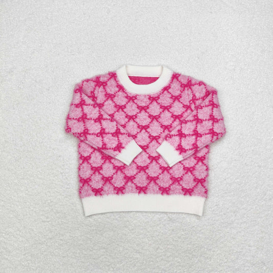 Sibling Baby Girls Pink Bows Checked Woolen Sweaters