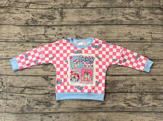Baby Girls Christmas Blue Checkered Dog Long Sleeve Tee Shirts Tops