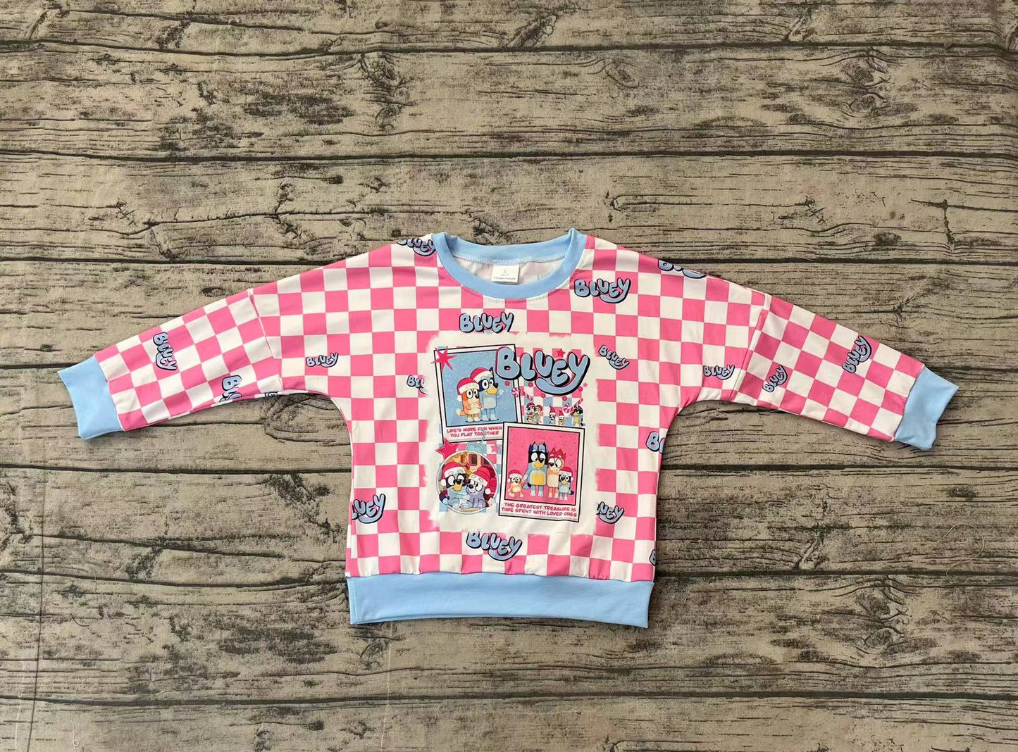 Baby Girls Christmas Blue Checkered Dog Long Sleeve Tee Shirts Tops