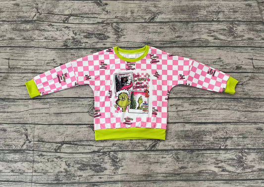 Baby Girls Christmas Green Frog Checkered Long Sleeve Tee Shirts Tops