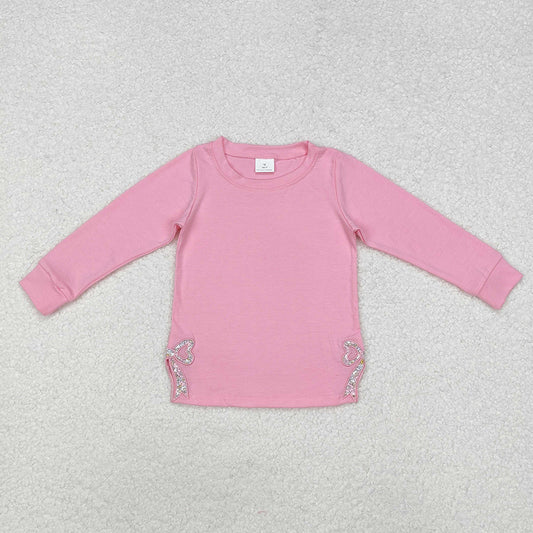 Baby Girls Pink Long Sleeve Bows Side Embroidery Tee Shirts Tops