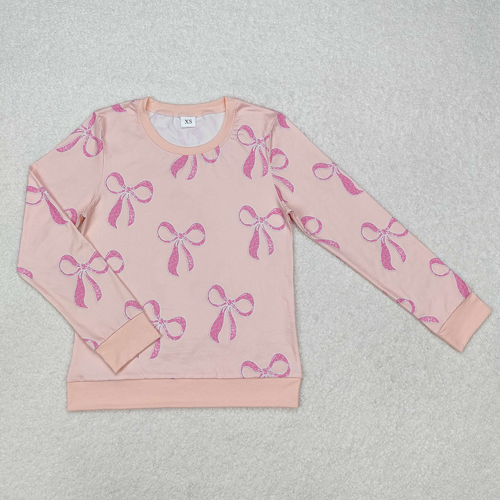 Sibling Adult Women Long Sleeve Pink Bows Checked T-shirts Sleep Wear